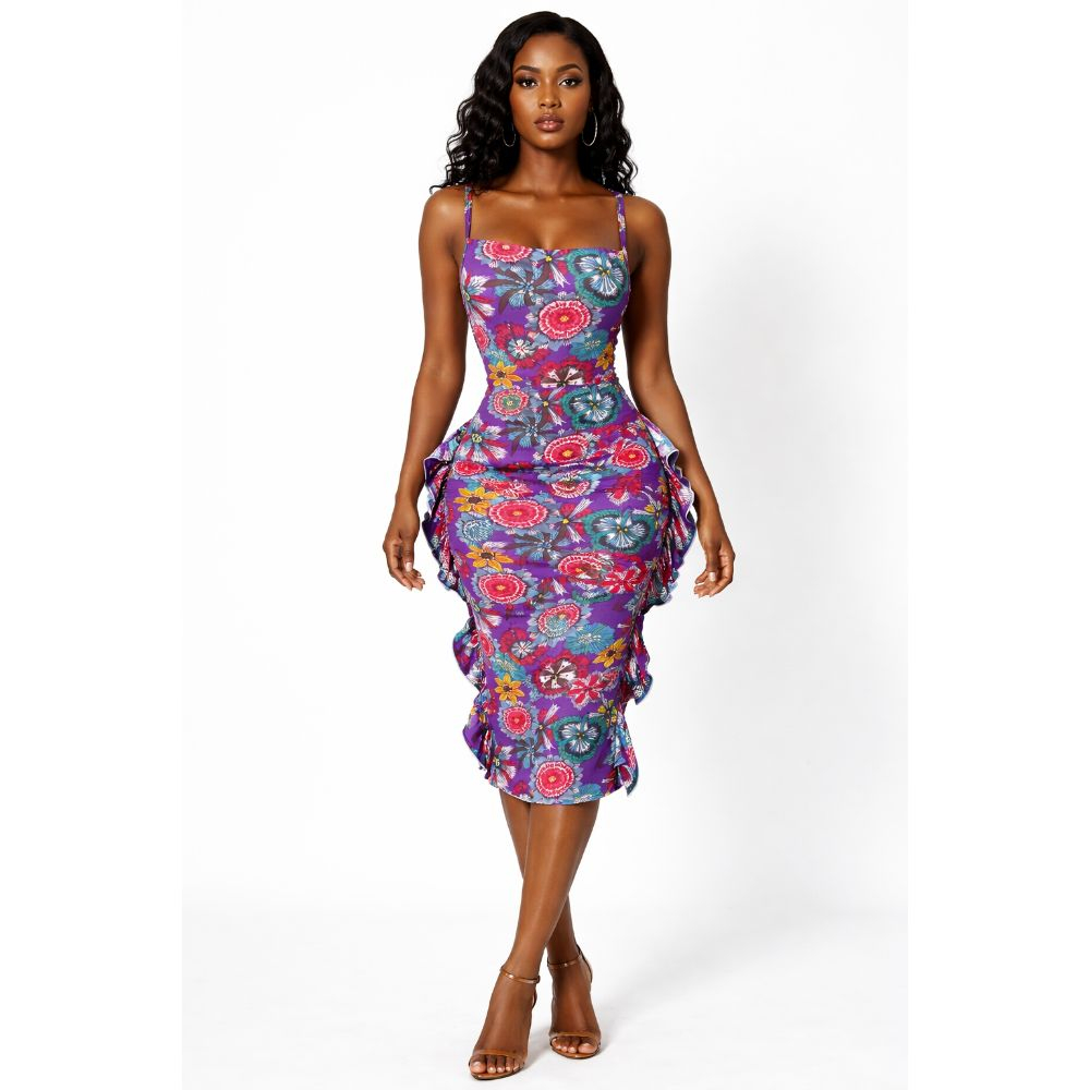 Floral Print Bodycon Midi Dress with Ruched Sides and Open Back